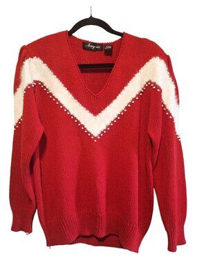 1980's Red & White V-Neck Sweater With Pearl Embellishments Chevron Design By An